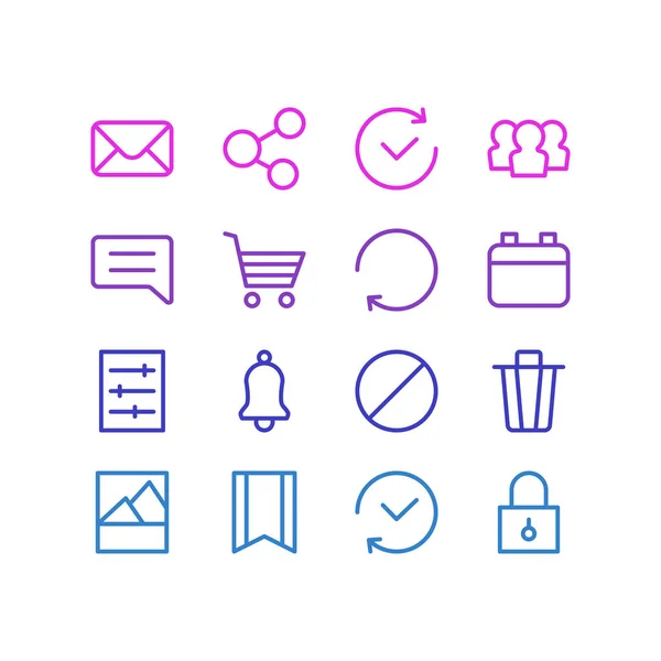 Vektorillustration von 16 App-Symbolen im Zeilenstil. Editierbares Set von Lesezeichen, Einkaufswagen, Kommentaren und anderen Symbolelementen. — Stockvektor