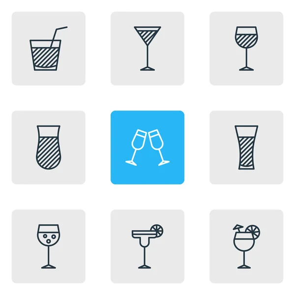 Vektoros illusztráció 9 ital ikonok vonalstílust. Szerkeszthető készlet ital, margarita, ünnepelni és más ikon elemek. — Stock Vector