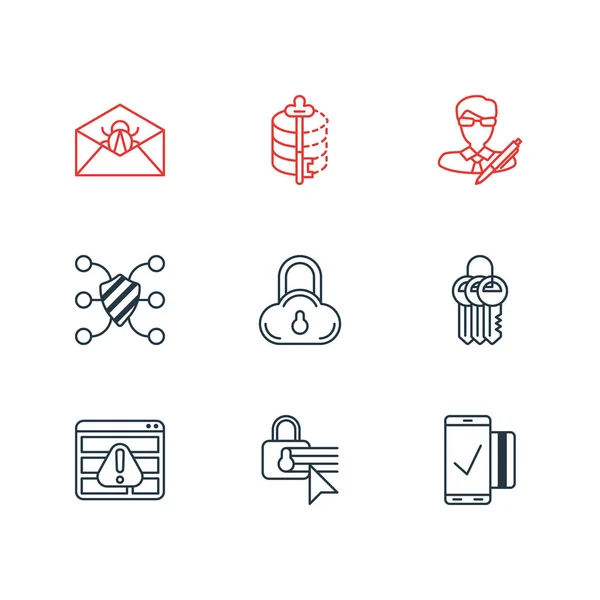 Ilustración vectorial de 9 iconos de seguridad estilo de línea. Conjunto editable de acceso denegado, llavero, transacción móvil y otros elementos del icono . — Archivo Imágenes Vectoriales
