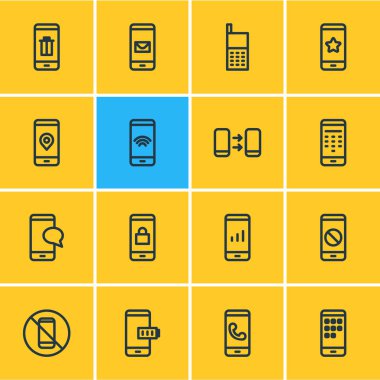 16 smartphone simgeler çizgi stili vektör Illustration. Yıldız, yasak, yüzük ve diğer simge öğeleri düzenlenebilir kümesi.