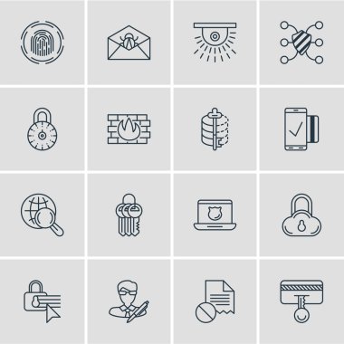 16 koruma simgeler çizgi stili vektör Illustration. Güvenlik ayarları, yazar haklarının, bozuk dosya ve diğer simge öğeleri düzenlenebilir kümesi.