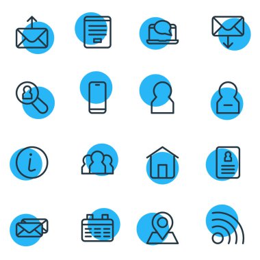 Vektör çizim 16 simgeler çizgi stili bağlayın. Mektup, konumu, akıllı telefon ve diğer simge öğeleri düzenlenebilir kümesi.