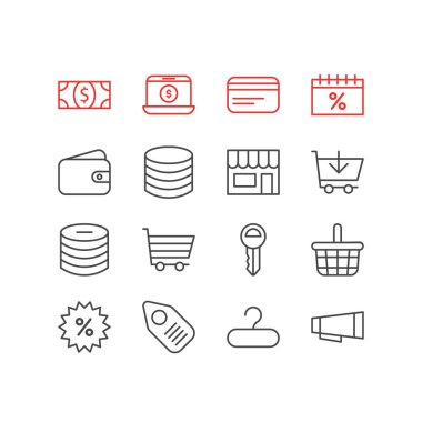16 toptan simgeler çizgi stili vektör Illustration. Düzenlenebilir küme Ekle, ödeme, açık artırma ve diğer simge öğeleri.
