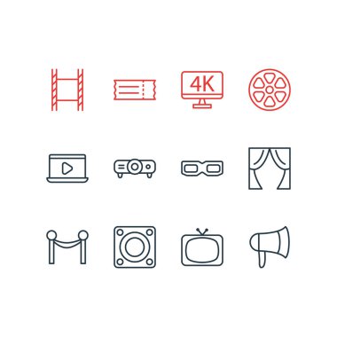 12 sinema simgeler çizgi stili vektör Illustration. Film şeridi, slayt gösterisi, tv ve diğer simge öğeleri düzenlenebilir kümesi.