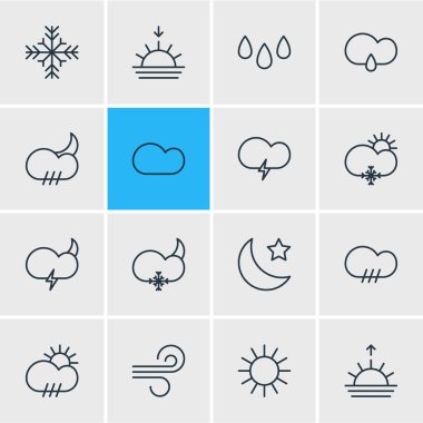 16 gökyüzü simgeler çizgi stili vektör Illustration. Fırtınalı, düzenlenebilir küme bulut, gün doğumu ve diğer simge öğeleri.