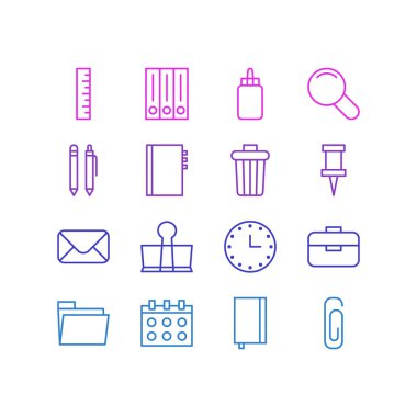 16 araçlar simgeler çizgi stili vektör Illustration. Büyüteç, defterini, küçük resim ve diğer simge öğeleri düzenlenebilir kümesi.