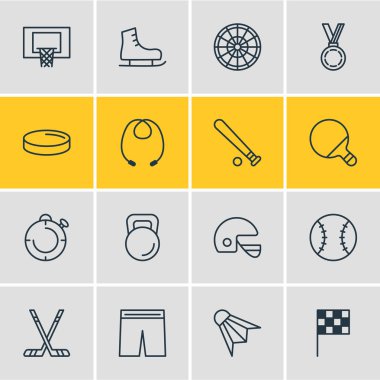 16 atletik simgeler çizgi stili vektör Illustration. Kronometre, ödül, oyun ve diğer simge öğeleri düzenlenebilir kümesi.