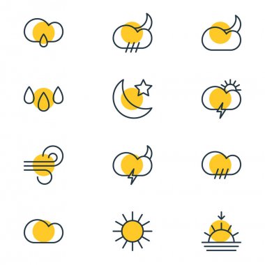 12 atmosfer simgeler çizgi stili vektör Illustration. Düzenlenebilir dizi esinti, hava durumu, yağmurlu ve diğer simge öğeleri.