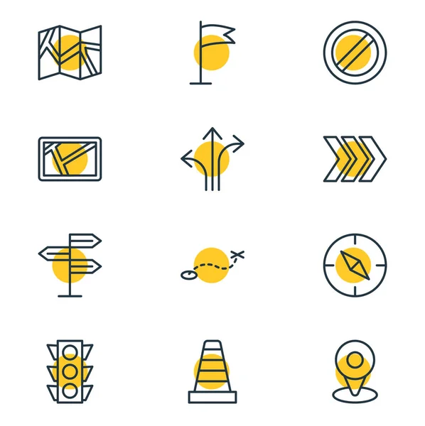 Ilustración vectorial de 12 iconos de navegación estilo línea. Conjunto editable de poste de señalización, flecha, poste de guía y otros elementos del icono . — Archivo Imágenes Vectoriales