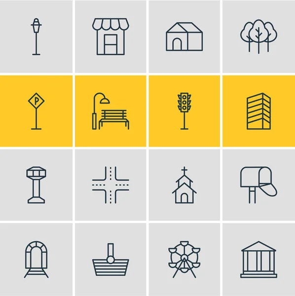 Vector illustration of 16 city icons line style. Editable set of railway, airport, shopping and other icon elements. — Stock Vector