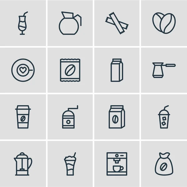 Ilustración vectorial de 16 iconos de java estilo de línea. Conjunto editable de bebida fría, olla, saco y otros elementos del icono . — Vector de stock