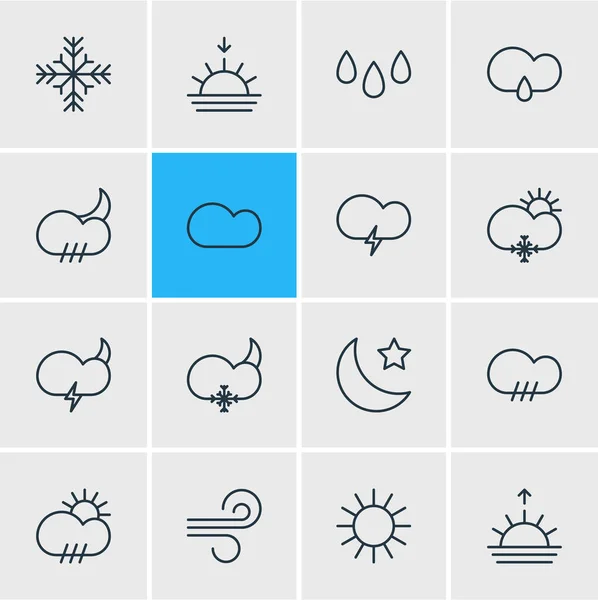 Ilustración vectorial de 16 iconos del cielo estilo de línea. Conjunto editable de elementos tormentosos, nubes, amaneceres y otros iconos . — Vector de stock