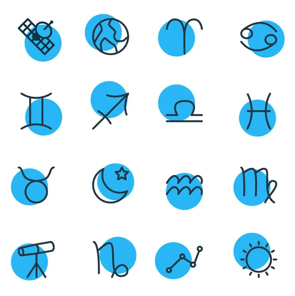 Ilustración vectorial del estilo de línea de 16 iconos de galaxias. Conjunto editable de aries, tauro, tierra y otros elementos del icono . — Archivo Imágenes Vectoriales