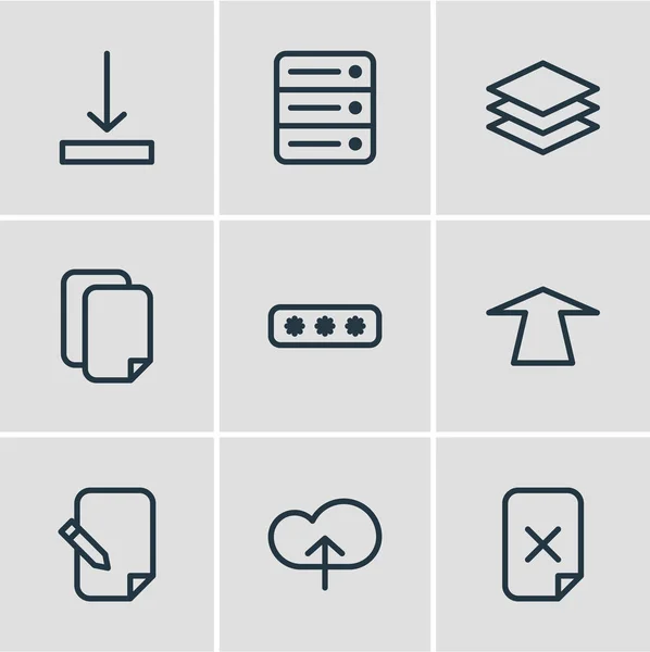 Ilustración vectorial de 9 iconos de almacenamiento estilo de línea. Conjunto editable de base de datos, quitar, capa y otros elementos de icono . — Vector de stock