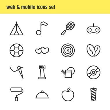 16 eğlence simgeler çizgi stili vektör Illustration. Mutfak eşyaları, casino, kitap ve diğer simge öğeleri düzenlenebilir kümesi.