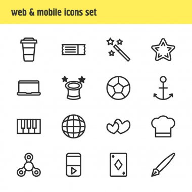 16 eğlence simgeler çizgi stili vektör Illustration. Maske, bariyer, zar ve diğer simge öğeleri düzenlenebilir kümesi.