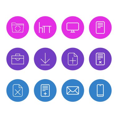 12 office simgeleri çizgi stili vektör Illustration. PIN, Kaldır, portföy ve diğer simge öğeleri düzenlenebilir kümesi.