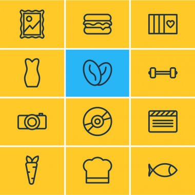 12 eğlence simgeler çizgi stili vektör Illustration. Sebzeli, arabica bakla, halter ve diğer simge öğeleri düzenlenebilir kümesi.