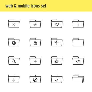 16 klasör simgeleri çizgi stili Illustration. Düzenlenebilir kontrol, önemli, paylaşılan ve diğer simge öğeleri kümesi.