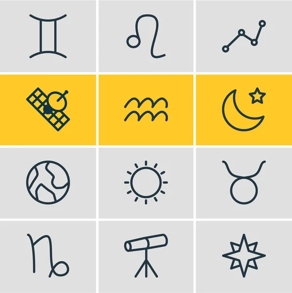 Ilustración de 12 iconos de la astrología estilo de línea. Conjunto editable de cabra, vidrio zoom, elementos soleados y otros iconos . —  Fotos de Stock