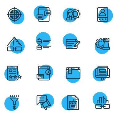 Vektör çizim simgeler çizgi stili reklam 16. Yorum blogu, Site Haritası, hata düzeltme ve diğer simge öğeleri düzenlenebilir kümesi.