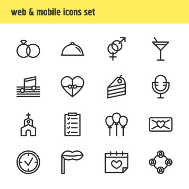 16 olaylar simgeler çizgi stili vektör Illustration. Şampanya, güvercin, mikrofon ve diğer simge öğeleri düzenlenebilir kümesi.