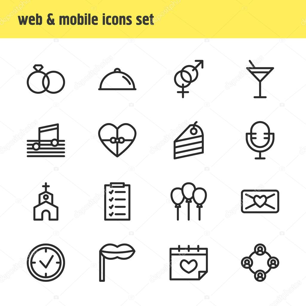 Vector illustration of 16 events icons line style. Editable set of champagne, dove, mic and other icon elements.