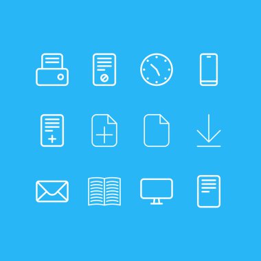 12 office simgeleri çizgi stili Illustration. Masa lambası, kalem, liste ve diğer simge öğeleri düzenlenebilir kümesi.