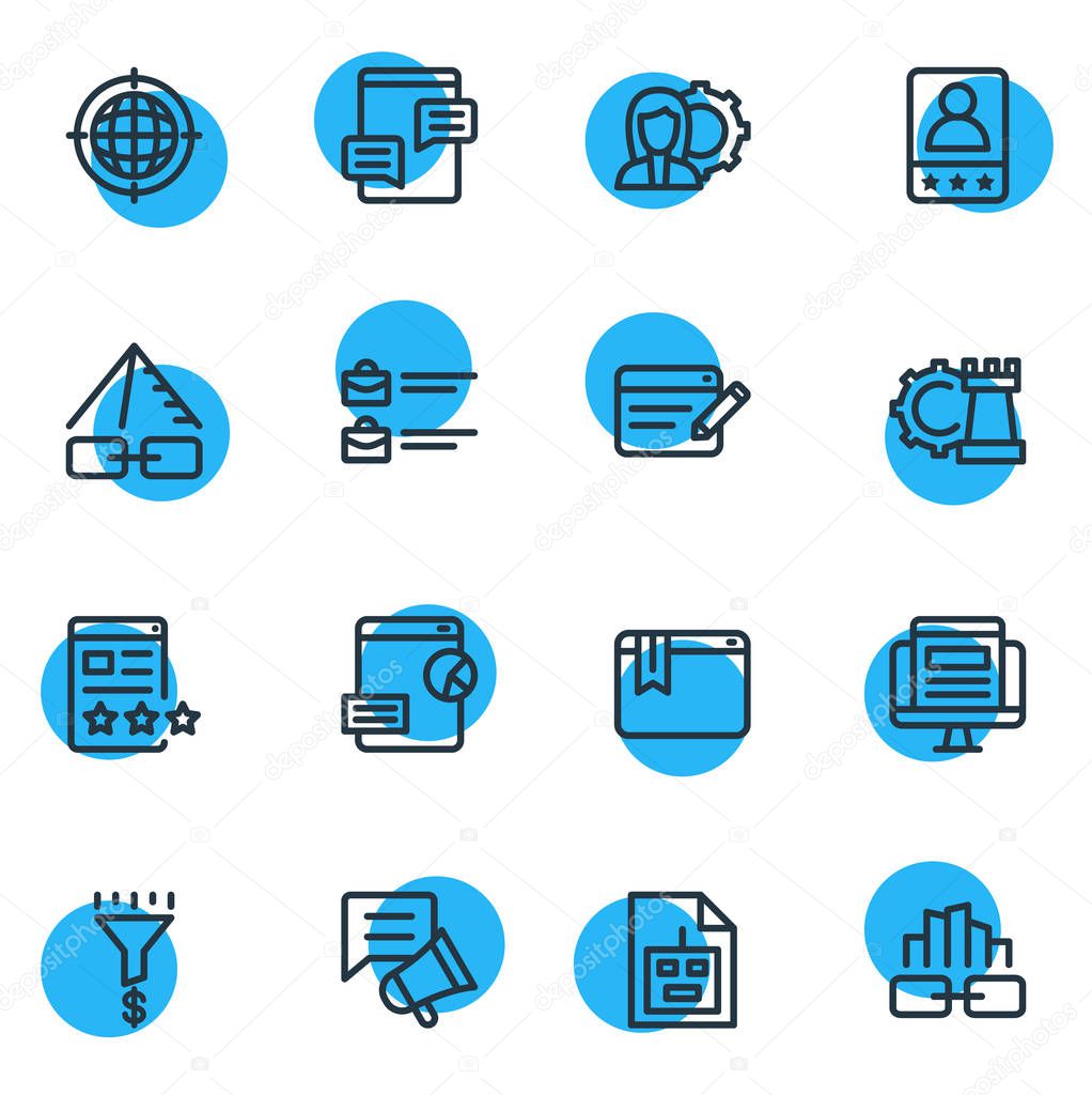 illustration of 16 marketing icons line style. Editable set of blog commenting, sitemap, bug fixing and other icon elements.