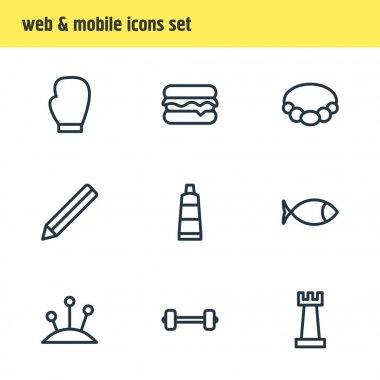 9 eğlence simgeler çizgi stili vektör Illustration. Dart, sulama olabilir, şövale ve diğer simge öğeleri düzenlenebilir kümesi.