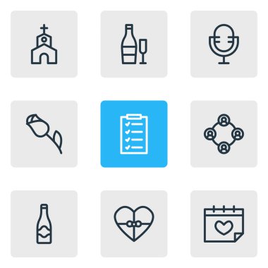 9 parti simgeler çizgi stili vektör Illustration. İnsanlar, kamera, kilise ve diğer simge öğeleri düzenlenebilir kümesi.