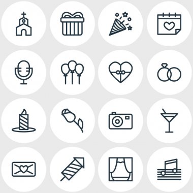 16 tatil simgeler çizgi stili vektör Illustration. Düzenlenebilir dizi mum, elmas, maske simgesi öğeleri.