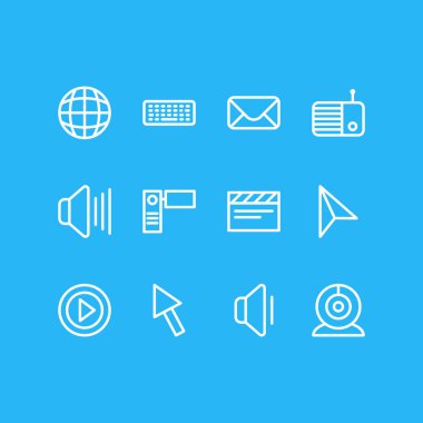 12 müzik simgeleri çizgi stili vektör Illustration. Net, kulaklık, radyo ve diğer simge öğeleri düzenlenebilir kümesi.