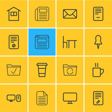 16 office simgeleri çizgi stili vektör Illustration. Çöp kutusu, yasak, saat ve diğer simge öğeleri düzenlenebilir kümesi.