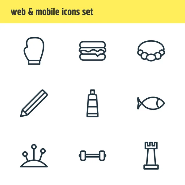 Illustration de 9 icônes de passe-temps style ligne. Jeu de fléchettes modifiable, arrosoir, chevalet et autres éléments d'icône . — Photo