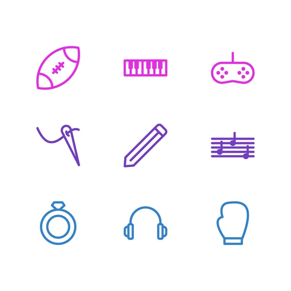 Illustrazione di 9 icone di intrattenimento stile linea. Set modificabile di mela, puzzle, segnalibro e altri elementi icona . — Foto Stock