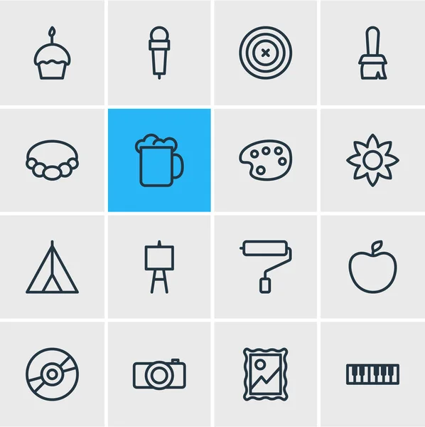 Ilustración de 16 iconos hobby estilo de línea. Conjunto editable de micrófono, calendario, peces y otros elementos del icono . —  Fotos de Stock