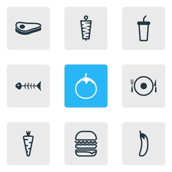 Ilustración de 9 iconos de comida estilo de línea. Conjunto editable de manzana del amor, pimiento, macarrones y otros elementos del icono . —  Fotos de Stock