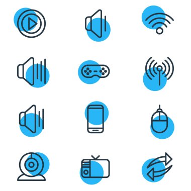 12 müzik simgeleri çizgi stili vektör Illustration. Ses, bu harika cihaz, paylaşım ve diğer simge öğeleri düzenlenebilir kümesi.
