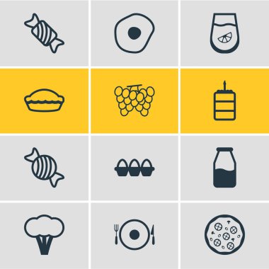 Vektör çizim 12 simgeleri çizgi stili yeme. Küçük pasta, tavuk, patlıcan ve diğer simge öğeleri düzenlenebilir kümesi.