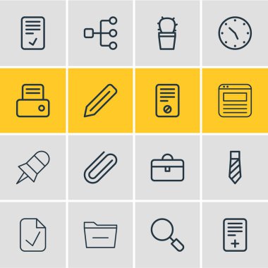 16 çalışma alanı simgeleri çizgi stili vektör Illustration. Çöp kutusu, defter, eksi ve diğer düzenlenebilir kümesi simgesini öğeleri.