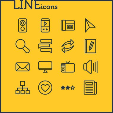 16 müzik simgeleri çizgi stili vektör Illustration. Posta, kulaklık, oyuncu ve diğer simge öğeleri düzenlenebilir kümesi.