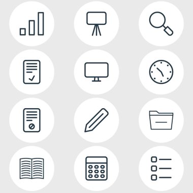 12 çalışma alanı simgeleri çizgi stili vektör Illustration. Evrak çantası, posta, yazıcı ve diğer simge öğeleri düzenlenebilir kümesi.