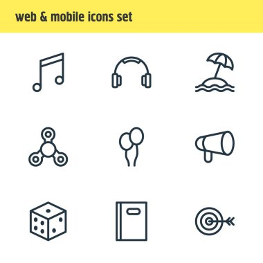 9 sevinç simgeler çizgi stili vektör Illustration. Plaj, kamera, ok ve diğer simge öğeleri düzenlenebilir kümesi.