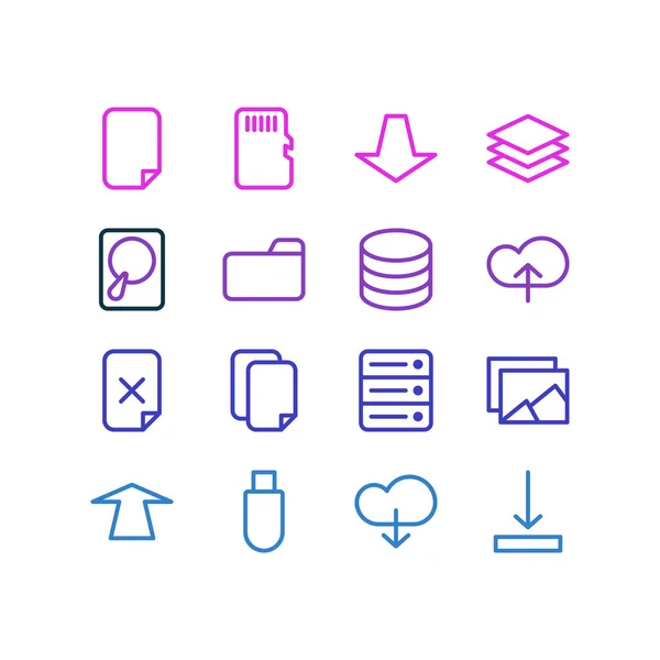 Vector illustration of 16 storage icons line style. Editable set of sd card, download, album and other icon elements. — Stock Vector