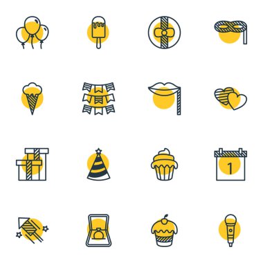 16 Bayramı simgeler çizgi stili vektör Illustration. Kiraz kuşu, kalp, hediye kutusu ve diğer simge öğeleri düzenlenebilir kümesi.