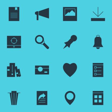 16 internet simgeler vektör Illustration. Kütüphane, kalp, düzenlenebilir kümesi duyurmak ve diğer simge öğeleri.