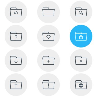 12 klasör simgeleri çizgi stili vektör Illustration. Cevapsız, paylaşılan, klasör ve diğer simge öğeleri düzenlenebilir kümesi.