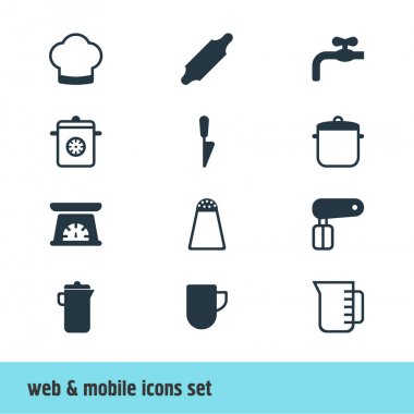 12 simgeleri pişirme vektör Illustration. Şapka, bıçak, kahve kupa ve diğer simge öğeleri pişirme düzenlenebilir seti.