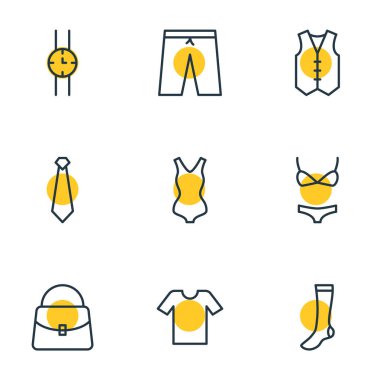 9 giyim simgeler çizgi stili vektör Illustration. Şort, kravat, yelek ve diğer simge öğeleri düzenlenebilir kümesi.